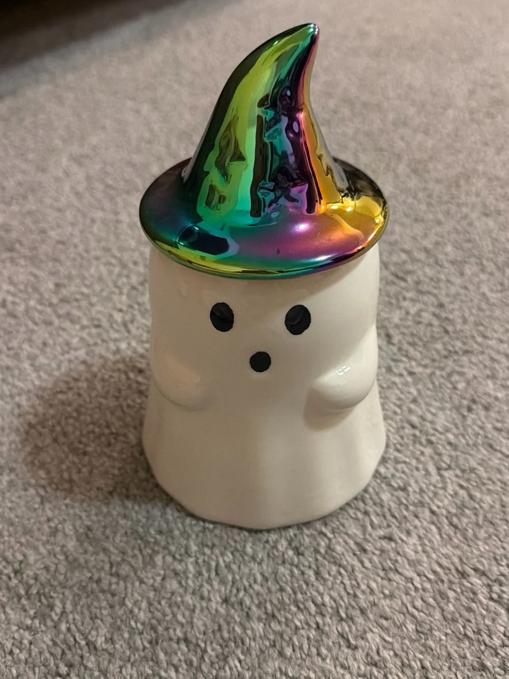 Halloween Fall Ghost with Iridescent Witch Hat Cookie Jar